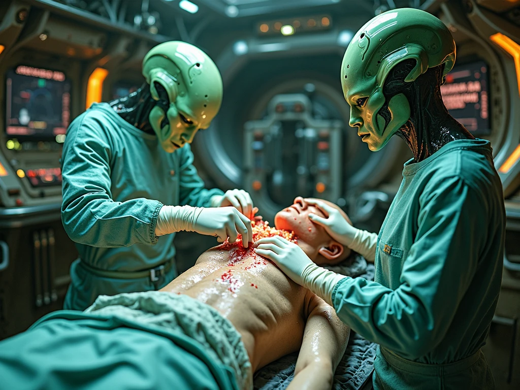 Terrifying Alien Autopsy in grunge dirty style. A dark and dingy room. A group of scientists in white coats huddle around a long metal table. On the table, a large, alien body lies exposed. The body is covered in strange, pulsing veins. Its skin is a sickly green color. Its eyes are large and black, with no pupils. Its mouth is filled with sharp, pointed teeth.