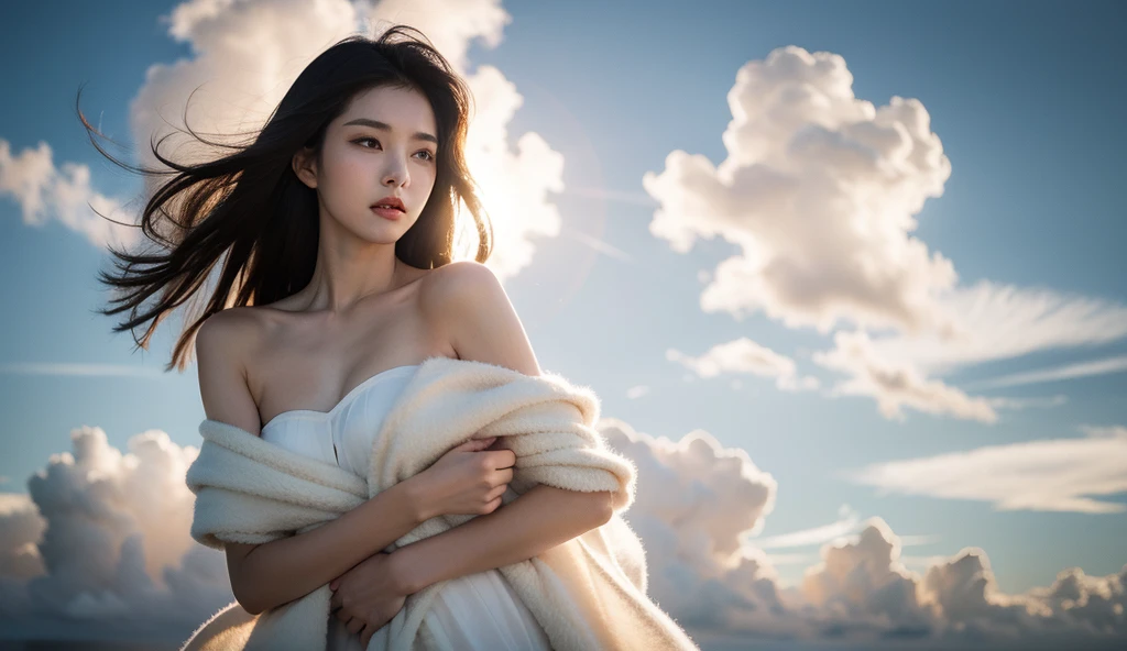 (highest quality,8K,High resolution:1.2),(beautiful realistic asian:1.5)、(cute japanese girl:1.4),(huge breasts:1.26),(glamorous:1.4)、feather、messenger of god、Flight 、artistic background、spiral、Spiritual Light、heavenly realm、sacred place、sexy pose、realm of divine spirits、Professionalism、(beautiful paintings:1.5), a ray of light、aura、Awesome people々、treasure、(fruit、summer)、star piece above the clouds、Beautiful beauty、