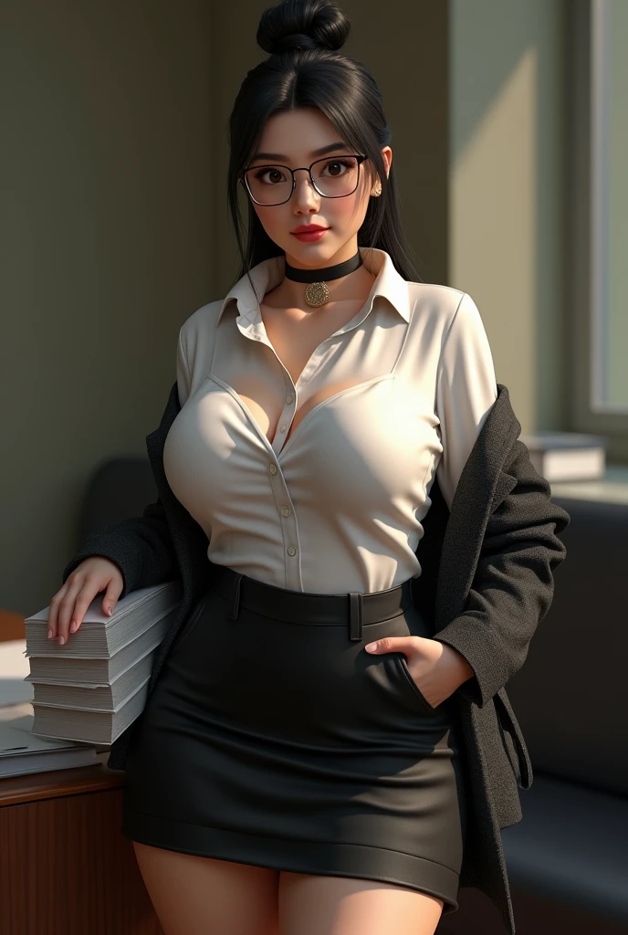 Woman, 30 years, adult, black hair, sexy teacher in classroom, glasses, red lips, nigth, soft ligth, face detail, from above, fingers --style realistic-imagine -