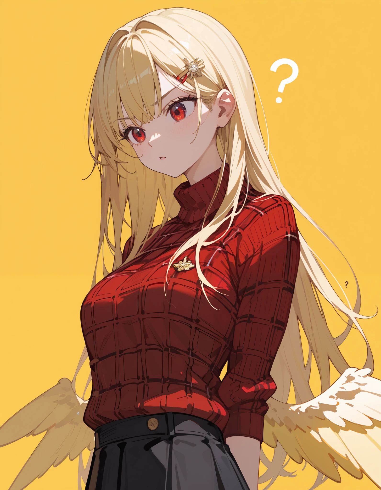 girl,Yellow hair,in red eyes,Medium Bust,Red plaid sweater, black skirt,long hair,With yellow wings on the back, light yellow background ,Slim Gold Hairpin,Confused,