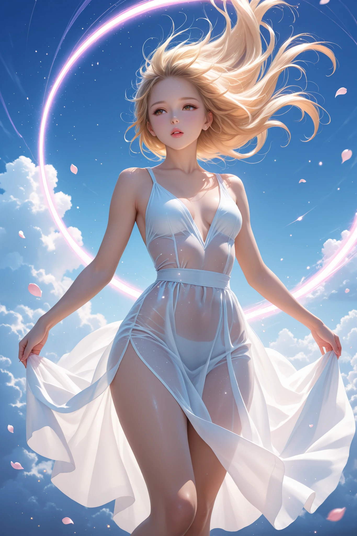 solo, finest image, sexy beautiful woman, happy, shy, amorous expression, lewd expression, ecstasy, orgasm, white glossy wavy iridescent short hair, blue sparkling big eyes, great proportion, pure white long dress with gold embroidery, background meadow on the hill, clear skies, sun and sunlight, rain and raindrops, petals, scatter white red gold and silver glitter and confetti, professional lighting