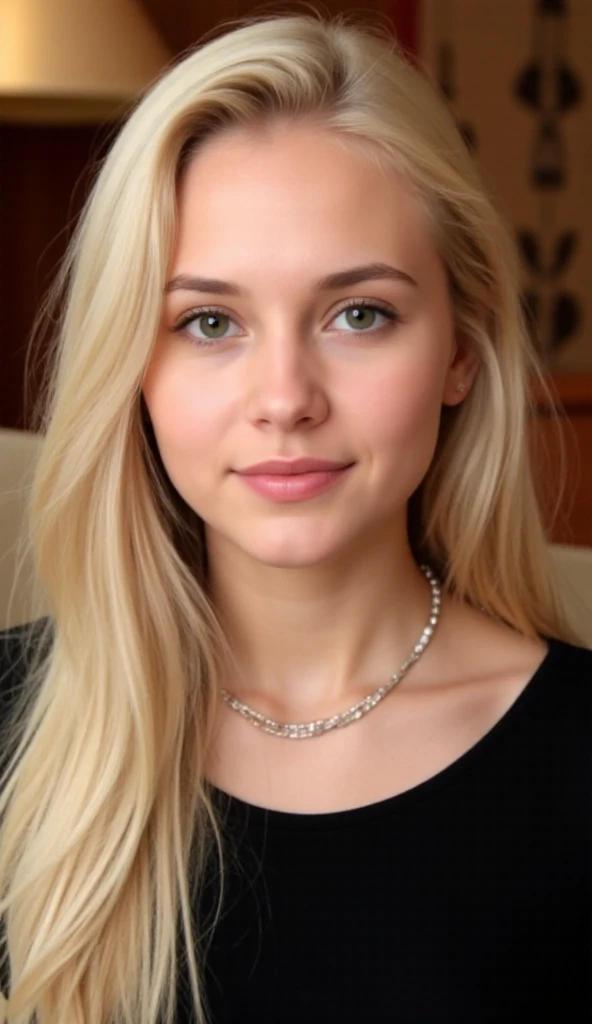 1 fille dans, 19 ans, Seulement, cheveux longs, Colossal , regarder le spectateur, cheveux blond, bare shoulders, yeux marrons, bijoux, tout le corps, un collier, off the shoulders, Chandails, Realistic, Un sexy, outside in a garden in summer,ou on voit tout sont corps qui rigole 
