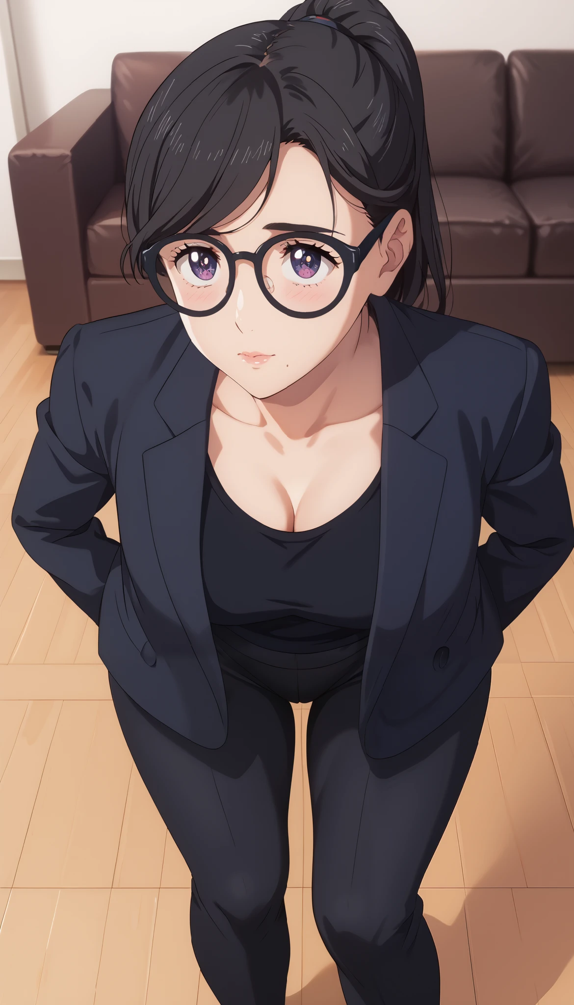 Fraction_9, Fraction_8_up, Fraction_7_up, Fraction_6_up, Fraction_5_up, Fraction_4_up, source_ Japanese Anime , , tag2, quality_ Masterpiece , anatomically accurate , beautiful face , perfect face , very delicate beautiful face and eyes , beautiful face , detailed face , Beautiful facial features , detailed skin , wide hips , big butt , big butt , thick legs , sensual woman , hizuru minakata,Mature Woman , Mature WomanMature Woman, Motherly, Seductive, Awkward, shy, Kyahaha!, LIVING ROOM EYES , ponytail hair , black hair, glasses,Bangs,Mole under the mouth,BLACK YOGA PANTS BREAK RATING _Explicit , Black jacket and black tank top, high angle , Looking up , top down , Leaning forward , face focus , is well maintained clothes