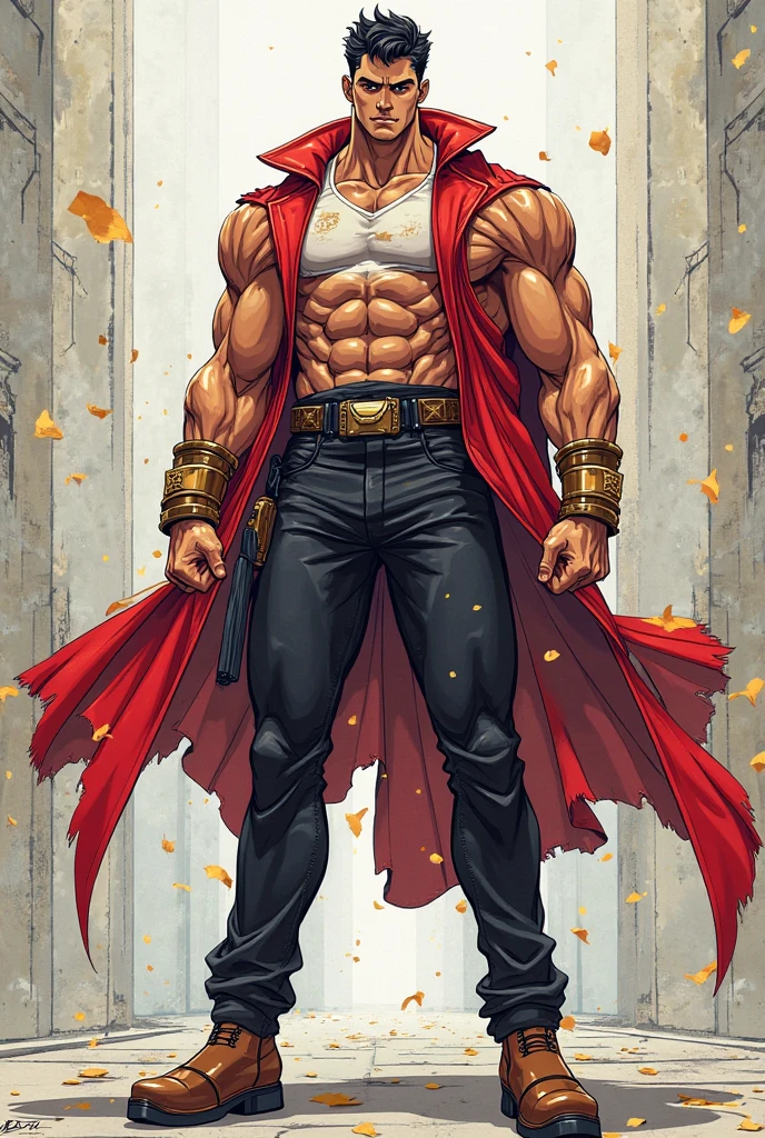 ((Artwork)), (8K), (One Piece anime drawing style), 1 tall and thin man, brown skin color, silver hair color style shaved on the side and combed to the side, red iris color, large nose, medium lip, serious look, nose piercing, shirtless, wearing red haori with black details on the back, black pants color with chains, robotic right arm, wearing two boots.