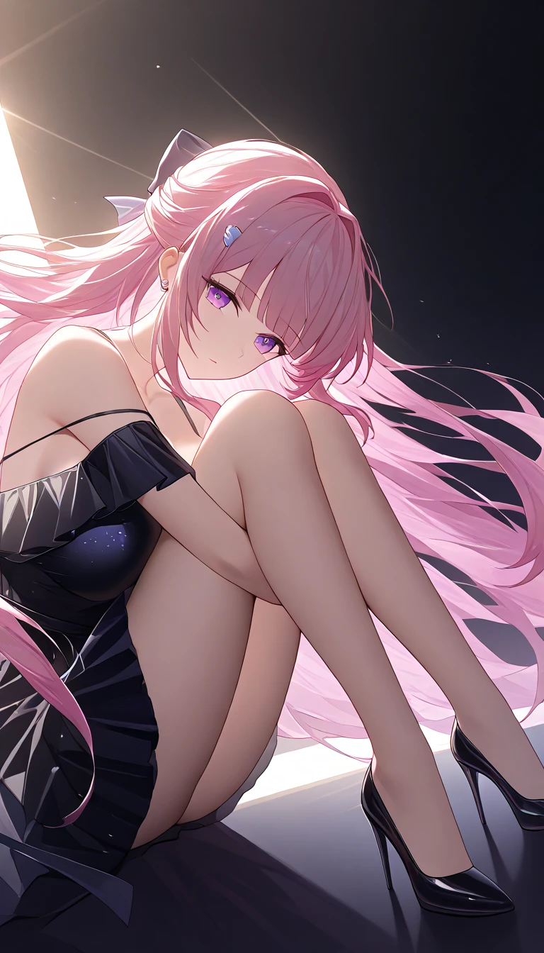 long leges，A pink-haired，red color eyes，Chest leakage，Superskirt，Barefoot，One foot on the stone，Five fingers，Five toes，18-year-old girl，4K，Open-mouthed，Stick out your tongue，quadratic element， --auto