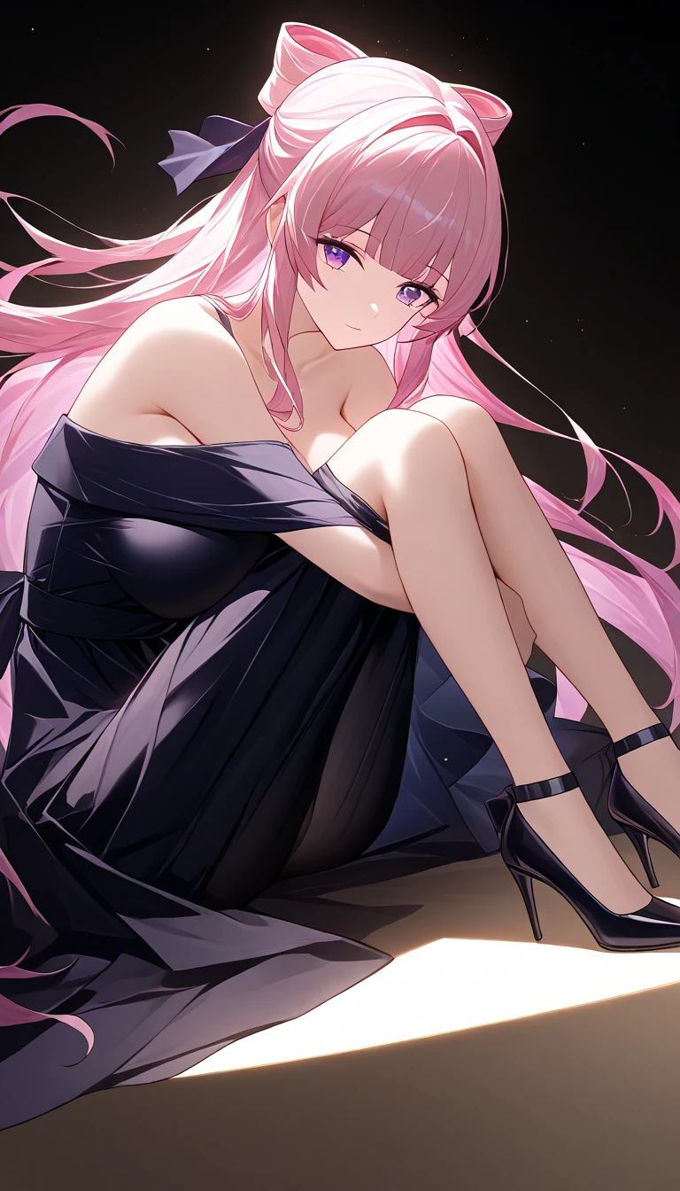 1girl, solo, euphemia li britannia, pink hair, long hair, purple eyes, double bun, black night dress, bare shoulders, cleavage, leg cut, full body, smiling, blush, looking to the viewer, indoors, standing, night, hotelscore_9, score_8_up, score_7_up, score_6_up, score_5_up, score_4_up, BREAK source_anime, masterpiece, sex, ero, vagina, masterbation