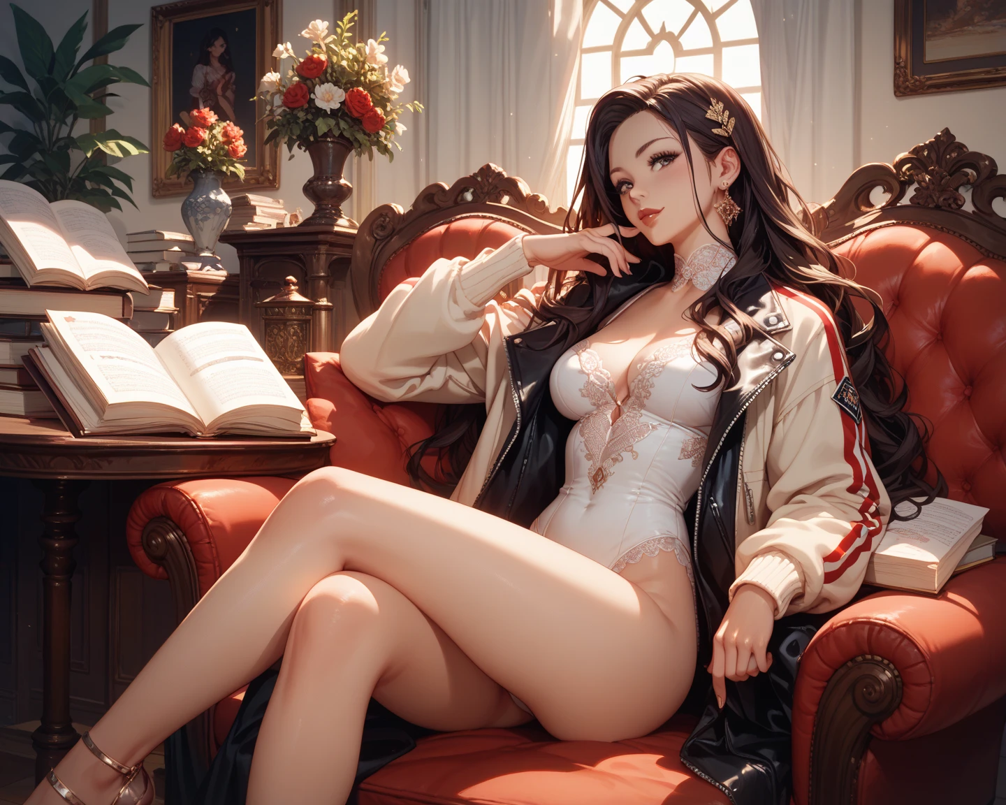 24years old, sexy Lawyer, classy business skirt, black blazer, white dress shirt, tight skirt, reading at her desk, in library, busty, cleavage, perfect hands perfect fingers perfect breasts perfect fit perfect body perfect face perfect image realism detailed background detailed outfit micro bikini, shirt unbuttoned, lewd librarian, hyperrealism, photorealistic, unreal engine, 3dcg, octane render, 8k highest resolution highly detailed, sweaterdress, professional, breasts about to burst out of her clothing, (mouth open), ((a extremely small micro bikini and a white silk transparent extreme micro thong)), (((bare ass))),(((knee-bending leg sitting))), ((her crotch and breasts are wet)),