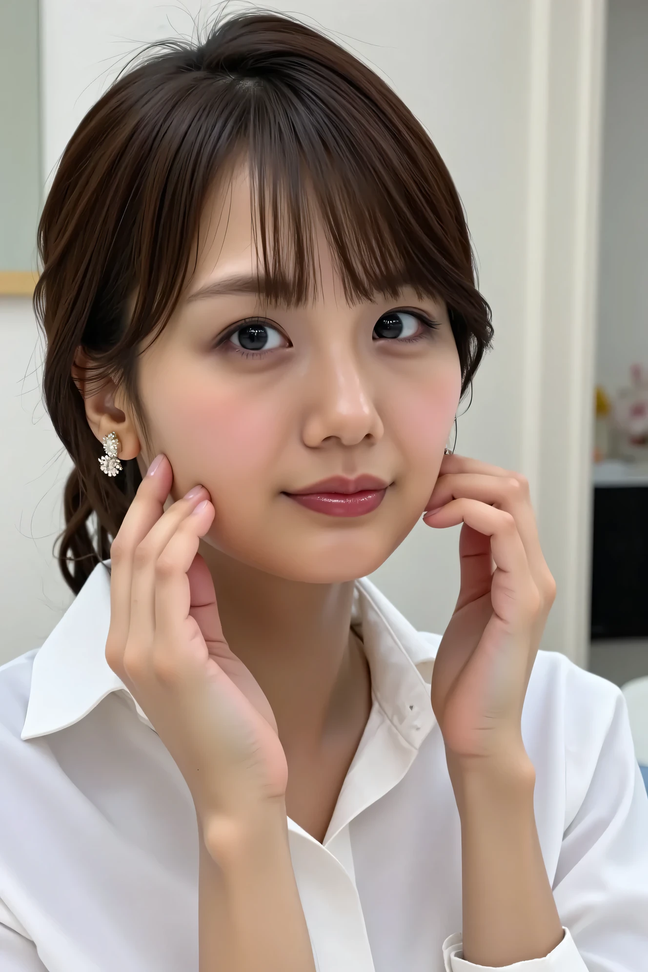 ((( High resolution,top quality, super detailed, Masterpiece , very detailed photo , realistic , real person , Ultra detailed skin))) , In the dressing room ,(from front), full body, medium shot, looking at viewer , (cool face , tucking the hair behind the ear) , (get down on all fours on the bed) , (low angle) , black hair, medium hair, medium breasts, cleavage , (( white shirt , no lingerie , take off the shirt )) , { NSFW }