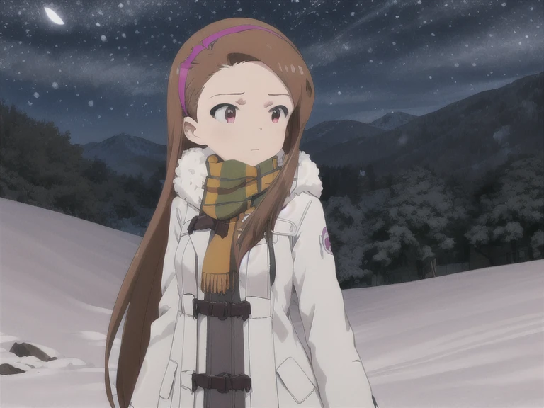 masterpiece, Best Quality, 1 girl, Alone, iori minase, longhair,brown hair, amount,small breasts,red eyes, center part hair,
, pink eyes, small breasts, Hairband, winter coat, scarf, outdoor, Mountain々, winter, snow, night sky, detailed background, cowboy shooting