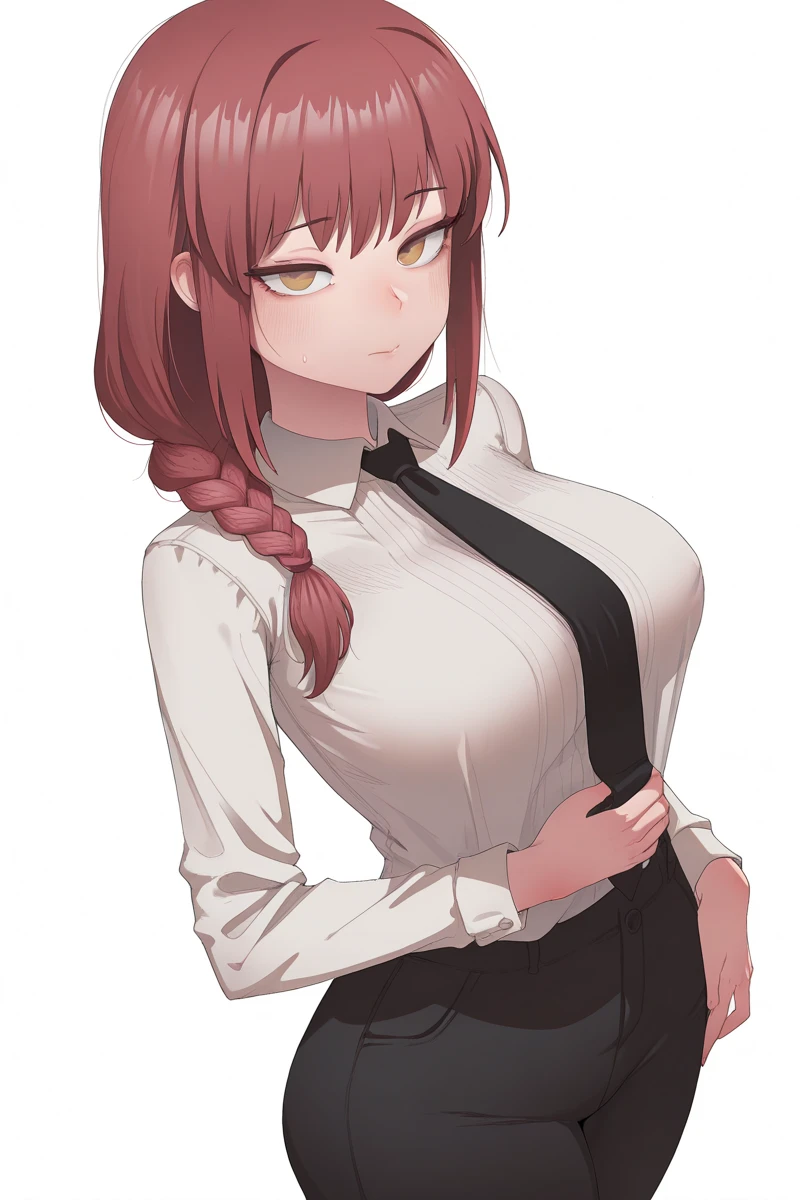 masterpiece, best quality, ultra-detailed, 1girl, hand in pants, makima \(chainsaw man\), red hair, long braided hair, golden eyes, bangs, medium breasts, white shirt, necktie, black pants, female masturbation, grabbing own breast