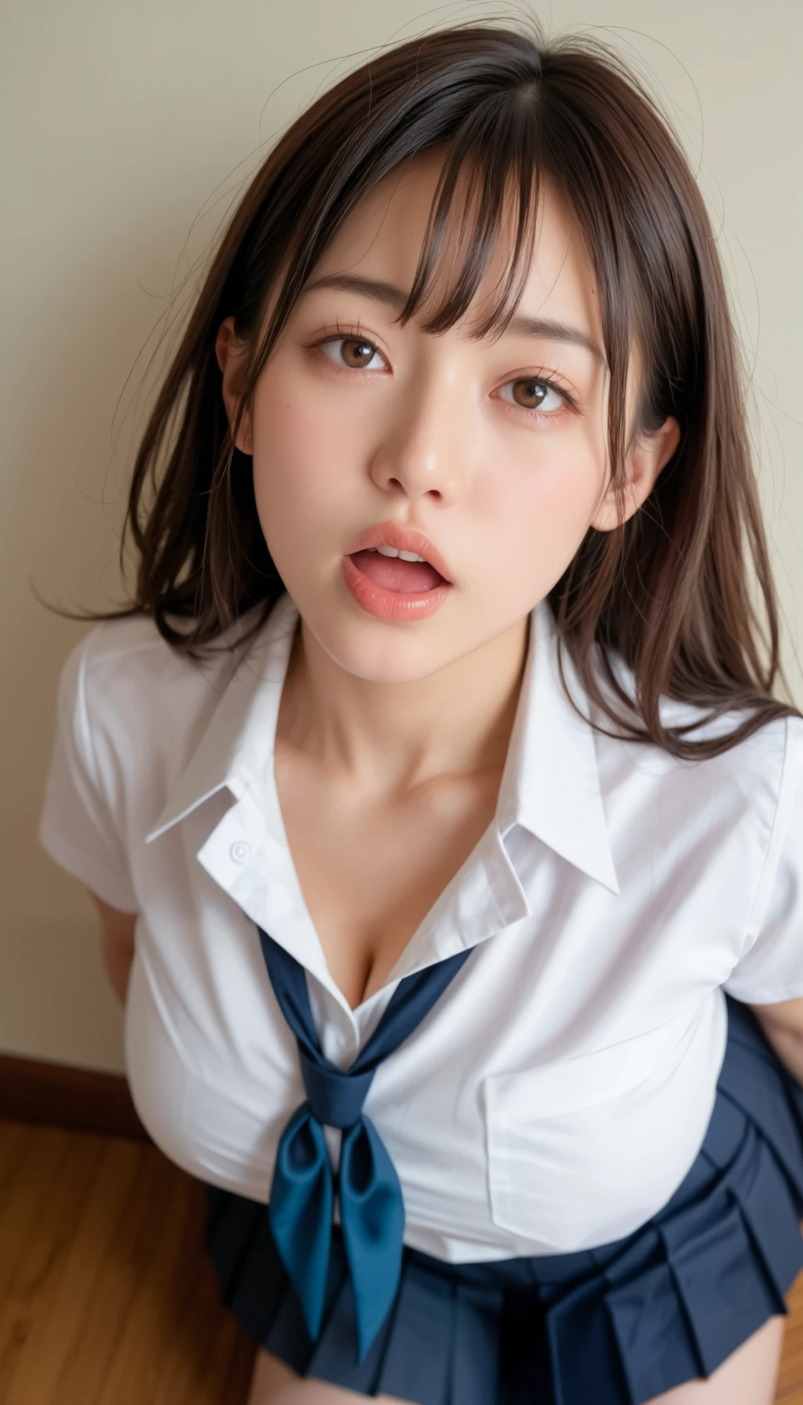 big breasts、((Japanese woman)) , (( white shirt and ))、(curvy body)、 Sensual expression、((angle from above))、 open your mouth slightly 、I'm looking at 、on the bed、Looking up 、(pleated skirt on an inner floor) 、((school uniform))、((chest space ))、(seen from above、 Hendedura)
