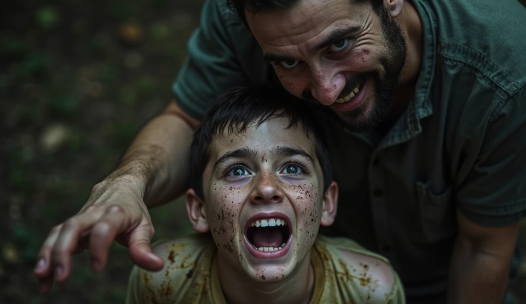 A father holding on with one hand to keep from falling and the other hand holding the hand of his son who is falling off the cliff, but their faces show concern, pain, tears