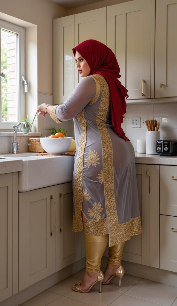 Mother, veiled Arab woman in the kitchen, big breasts, big hips, athletic body, wearing pajamas and short shirt, camera from behind