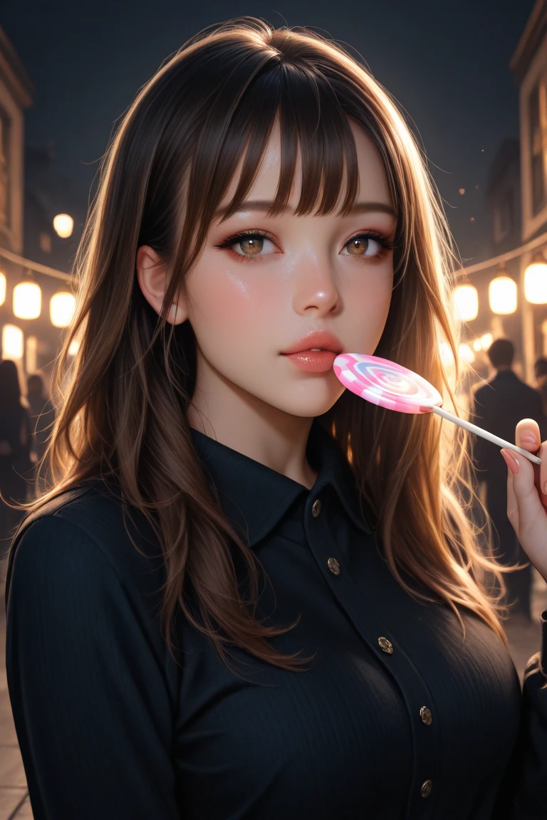 a woman, photorealistic, whisper innocent eyes, dark brown hair with bangs, smoky eye shadows, grayish brown eyes, glossy  soft lips, delicate face features, soft lighting, soft focus, black casual outfit, carrying a teddy bear, warm lights, at night carnival, very aesthetic, natural light, cinematic, soft light, dynamic pose, dim light, masterpiece, best quality, amazing quality, very aesthetic, absurdres, newest, highly detailed, high-resolution, kiri