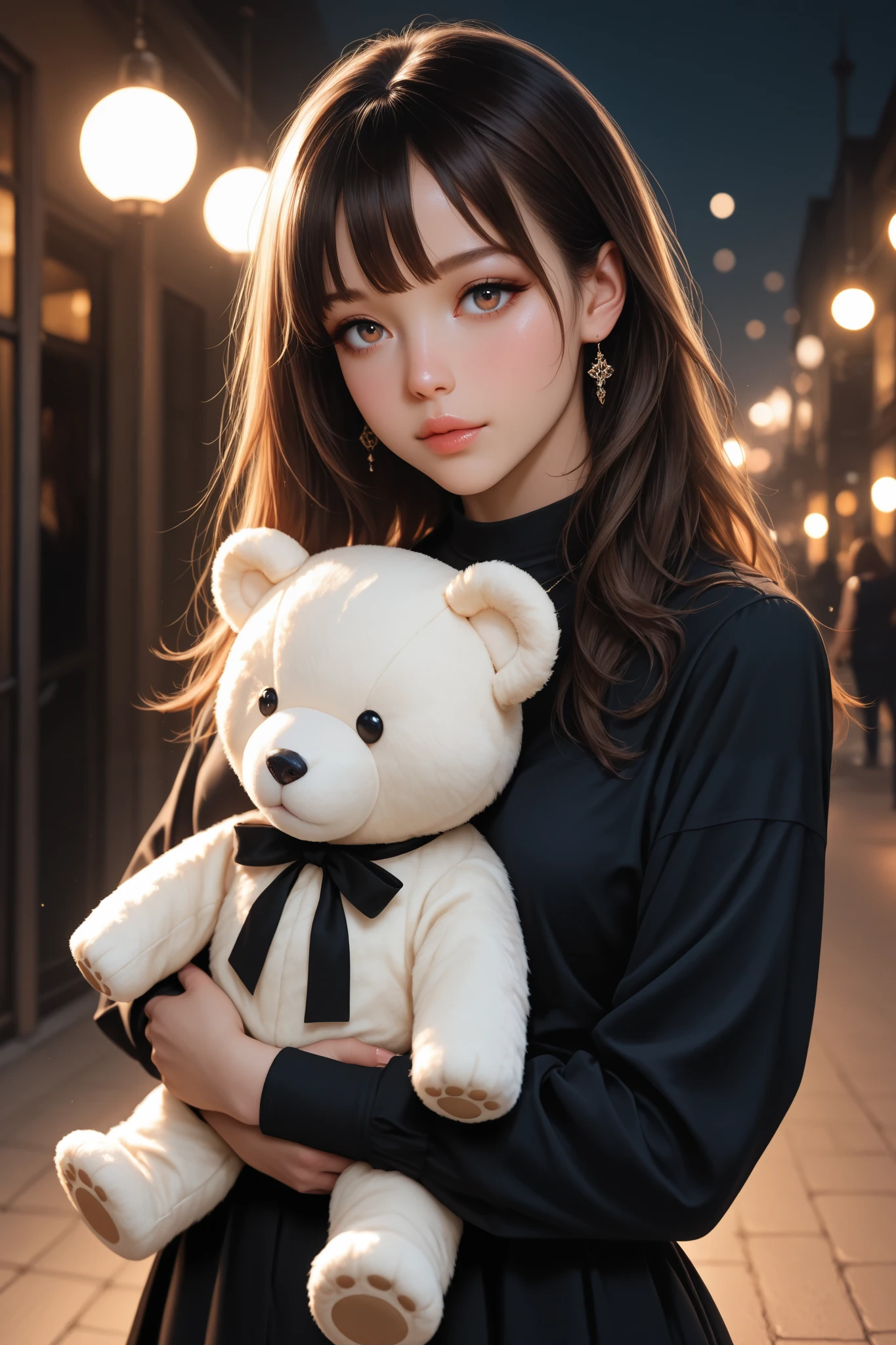 a woman, photorealistic, whisper innocent eyes, dark brown hair with bangs, smoky eye shadows, grayish brown eyes, glossy  soft lips, delicate face features, soft lighting, soft focus, black casual outfit, carrying a teddy bear, warm lights, at night carnival, very aesthetic, natural light, cinematic, soft light, dynamic pose, dim light, masterpiece, best quality, amazing quality, very aesthetic, absurdres, newest, highly detailed, high-resolution, kiri