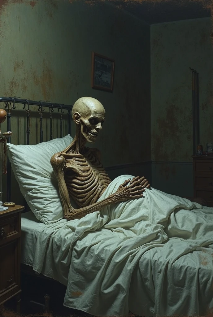 A man lying on the bed.  And next to his bed is a chair, with a skeleton standing on the chair, smiling.