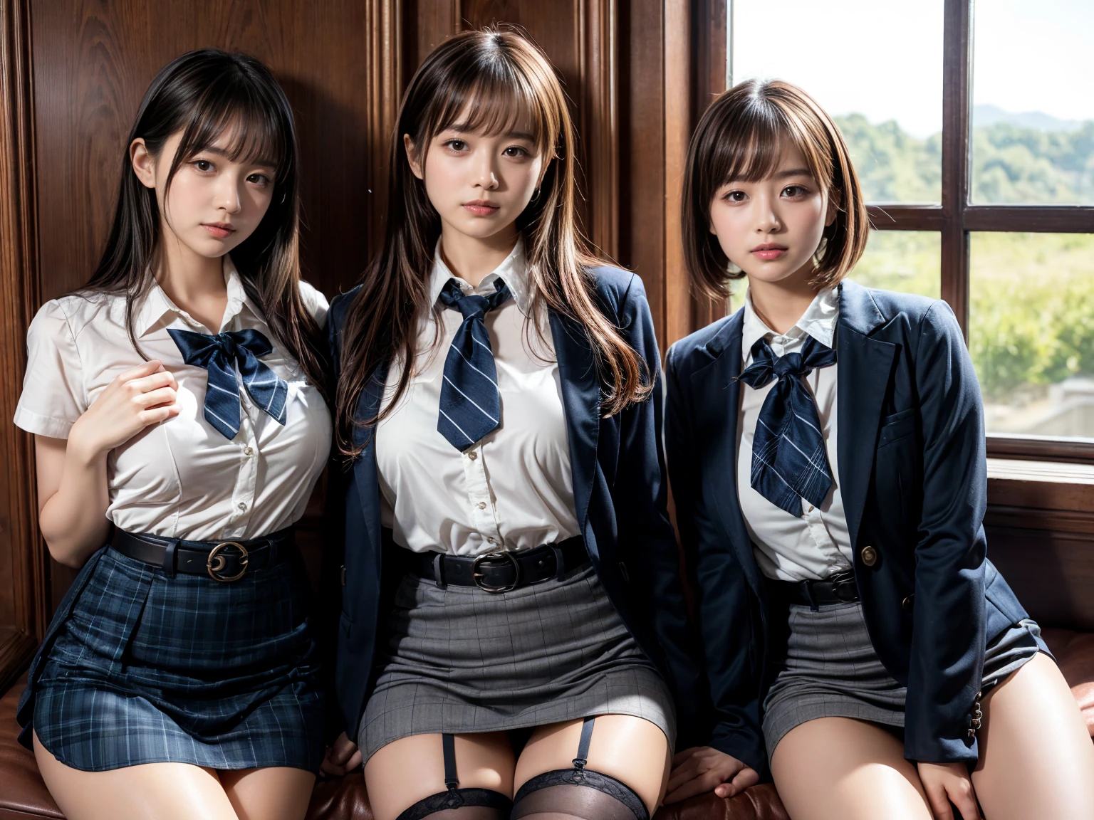 Dark blue ultra short check uniform skirt、Cleavage protruding from uniform、Soft big、Super beauty、Thin glasses、Gloss on lips