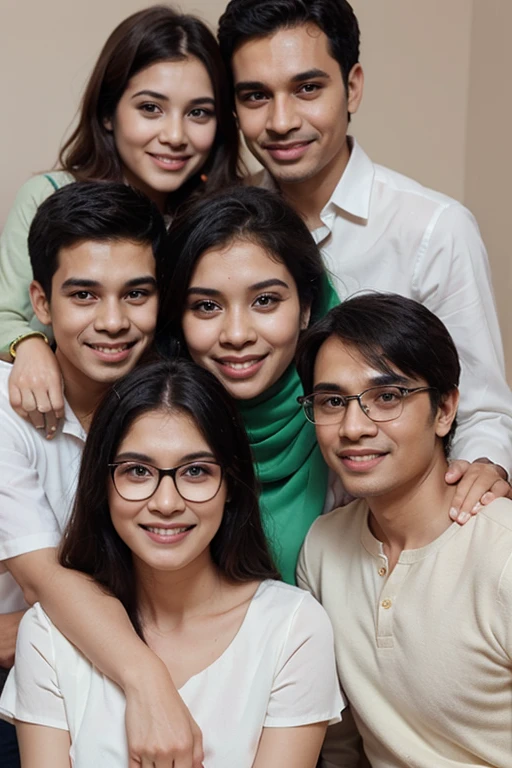"A young Indonesian man with glasses and short, messy hair sits between two beautiful, pregnant 18-year-old women wearing hijabs, with ponytail hairstyles and braided backs. The background is a countryside setting with a wooden building and rice fields illuminated by the evening sunlight. All three appear happy and smiling."