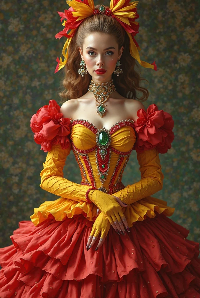 watercolor acrylic woman in a red dress sitting at a table, mystery series style, rococo queen, Tom Burke, in black, blue gold and red, gold stripe around the chest, a piercing sparkle in the eyes, wine red trim,, elaborate costume, Maria- Antoinette, Freya