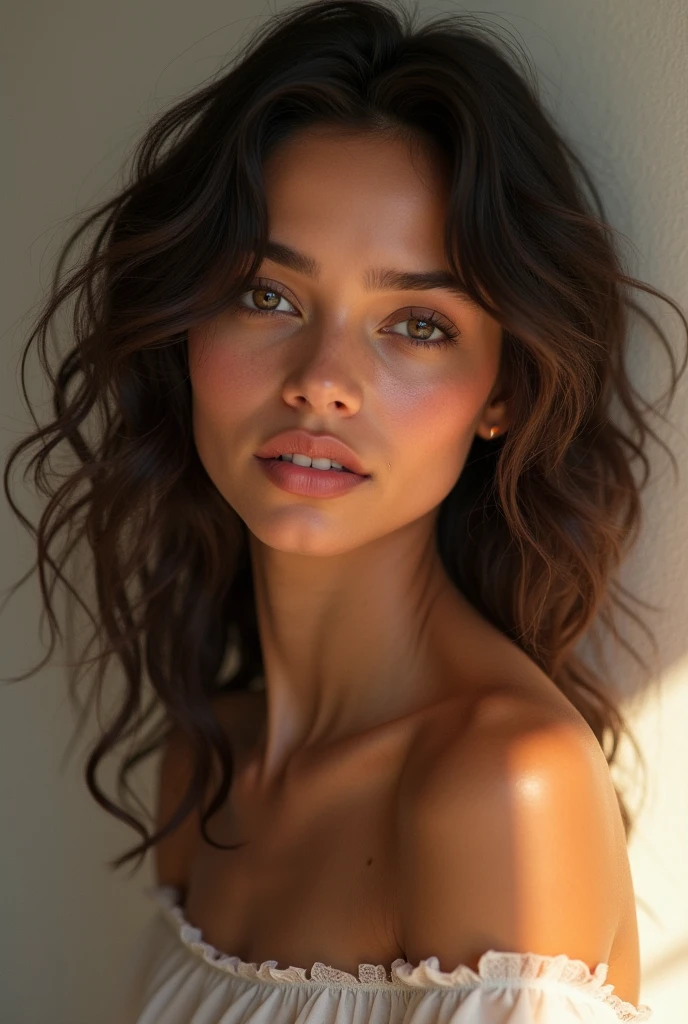 Beutiful young girl with long curly hair taking a photo of herself without clothes