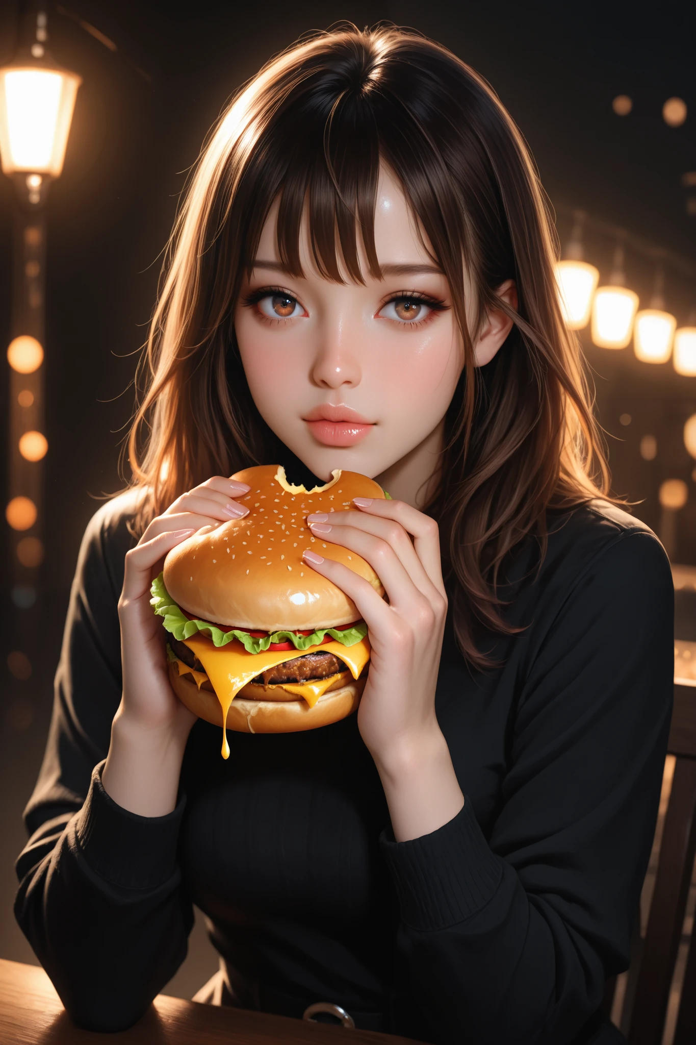 a woman, photorealistic, whisper innocent eyes, dark brown hair with bangs, smoky eye shadows, grayish brown eyes, glossy sexy soft lips, delicate face features, soft lighting, soft focus, black casual outfit, holding a cheese burger, warm lights, at night carnival, very aesthetic, natural light, cinematic, soft light, dynamic pose, dim light, masterpiece, best quality, amazing quality, very aesthetic, absurdres, newest, highly detailed, high-resolution, kiri