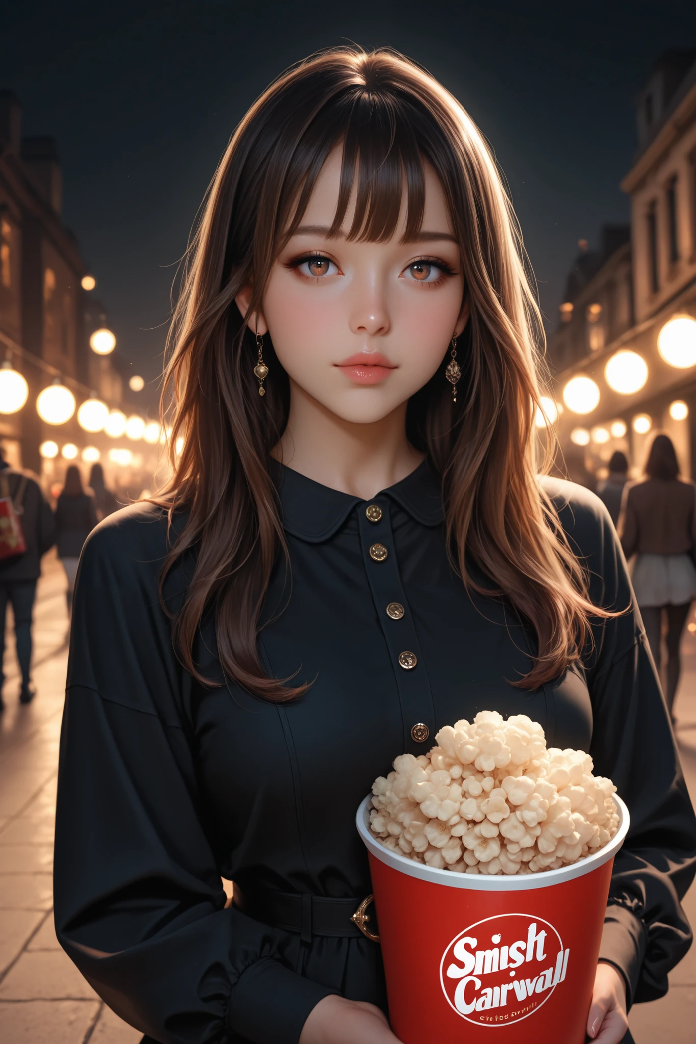 a woman, photorealistic, whisper innocent eyes, dark brown hair with bangs, smoky eye shadows, grayish brown eyes, glossy  soft lips, delicate face features, soft lighting, soft focus, black casual outfit, carrying a teddy bear, warm lights, at night carnival, very aesthetic, natural light, cinematic, soft light, dynamic pose, dim light, masterpiece, best quality, amazing quality, very aesthetic, absurdres, newest, highly detailed, high-resolution, kiri