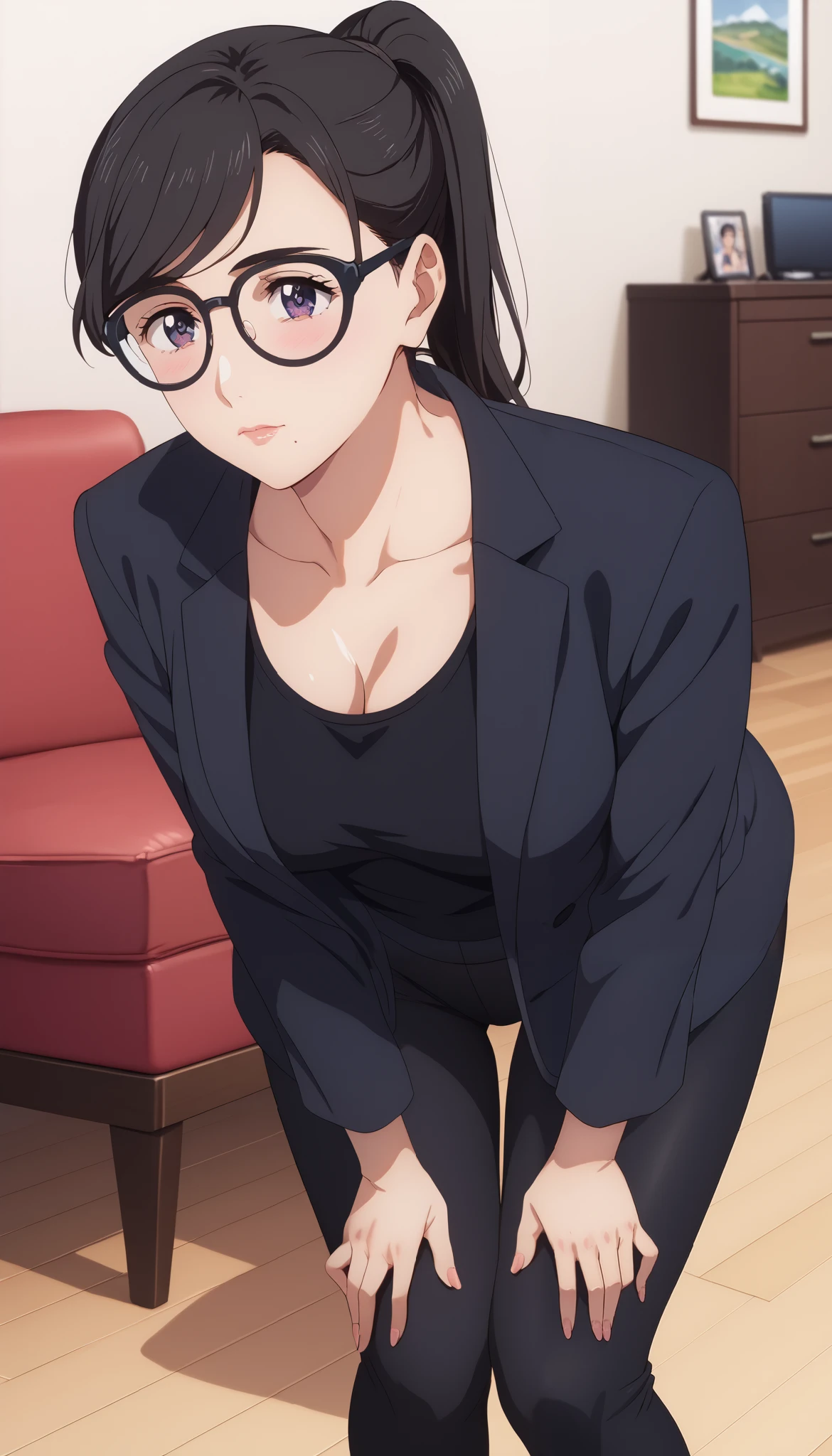 Fraction_9, Fraction_8_up, Fraction_7_up, Fraction_6_up, Fraction_5_up, Fraction_4_up, source_ Japanese Anime , , tag2, quality_ Masterpiece , anatomically accurate , beautiful face , perfect face , very delicate beautiful face and eyes , beautiful face , detailed face , Beautiful facial features , detailed skin , wide hips , big butt , big butt , thick legs , sensual woman , hizuru minakata,Mature Woman , Mature WomanMature Woman, Motherly, Seductive, Awkward, shy, Kyahaha!, LIVING ROOM EYES , ponytail hair , black hair, glasses,Bangs,Mole under the mouth,BLACK YOGA PANTS BREAK RATING _Explicit , Black jacket and black tank top, high angle , Looking up , top down , Leaning forward , face focus , is well maintained clothes