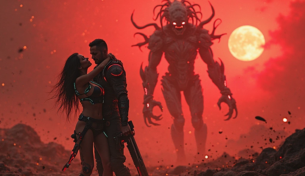 A dramatic and intense sci-fi battle scene set on an alien world ...