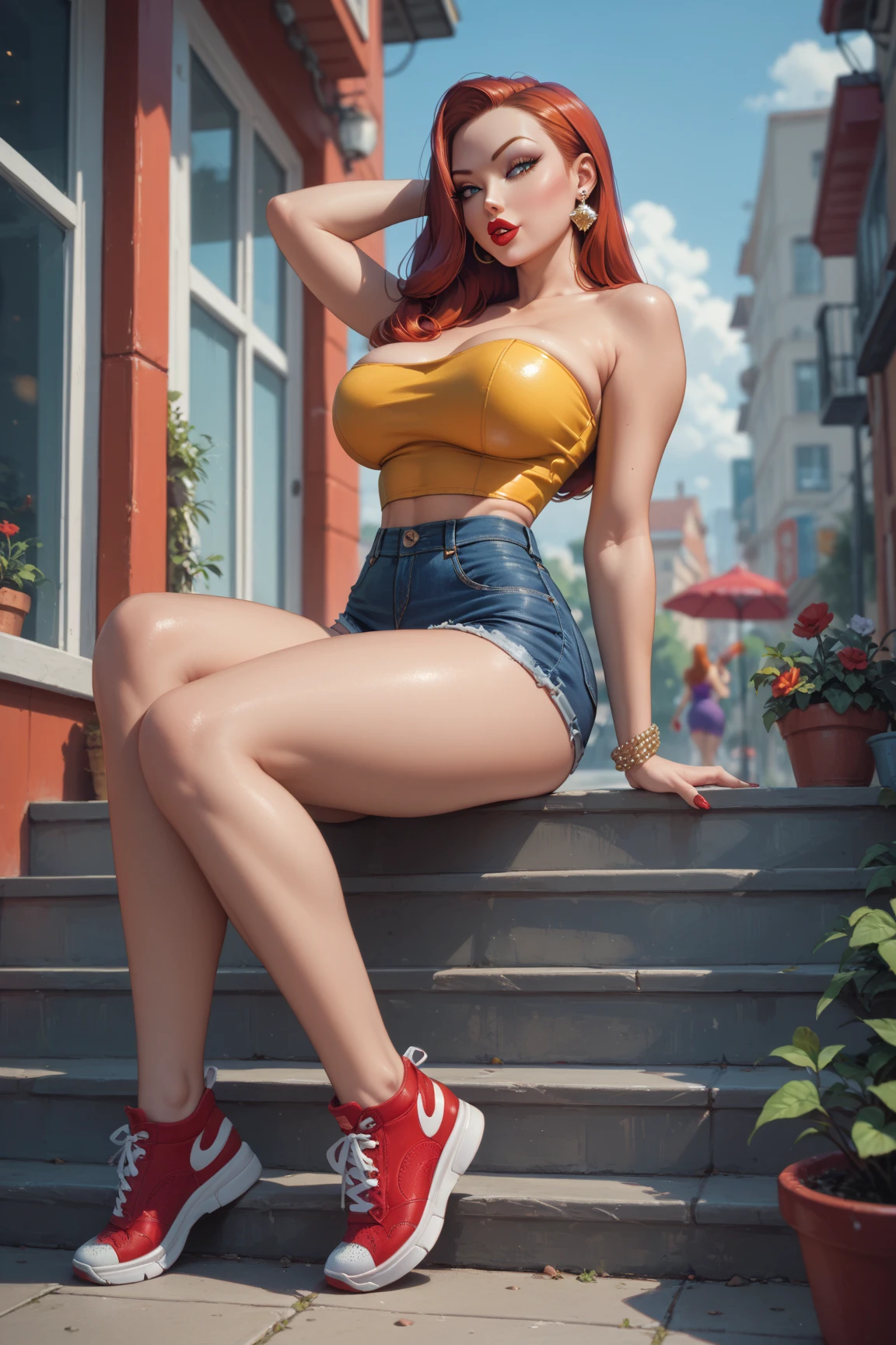 Beautiful woman, tan skin, long flowing Auburn hair, little colorful sundress, very pretty face, curvy body, athletic, flirty, jewelry, tattoos, summer, colorful lighting, sunny, exploring the city, iced coffee in hand, photorealistic, masterpiece, stunning colors, cinematic composition,