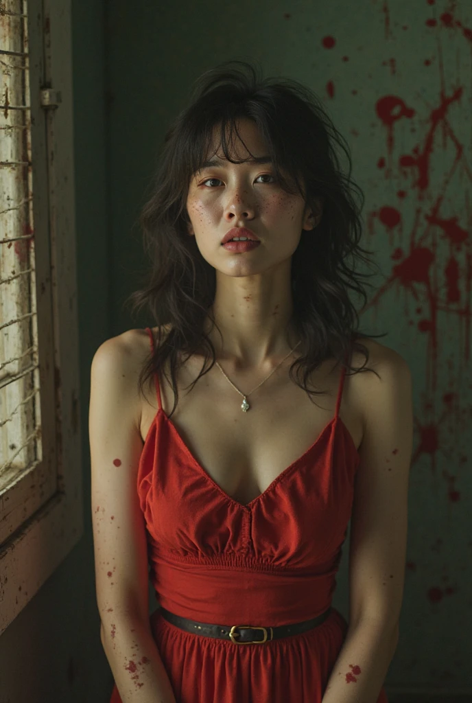((masterpiece , Highest quality ,Face Focus)), 27 year old single woman , No tie collar shirt , Denim jeans , thin , Flat Chest , (Black medium hair , (Messy Hair:1.37) , Red eyes , Dark circles under the eyes:1.3) , (Jig eyes , Expressionless:1.7) , (smile: 0.1)