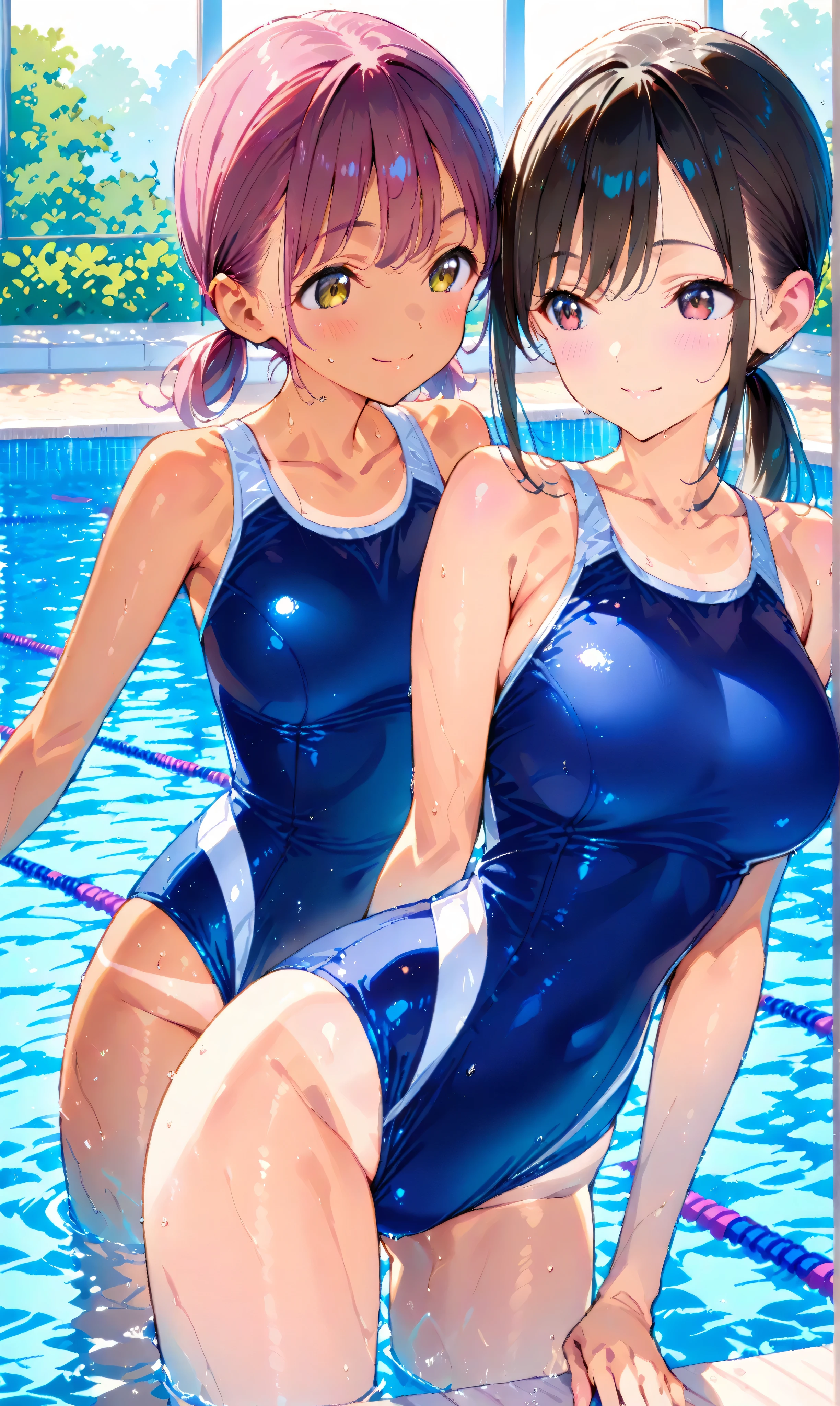 Two women in swimsuits standing in pool、One has his hands on his hips, Swimsuit, wearing a swimming wear, Twin-tailed, Wet swimsuit, pixiv, wearing leotard, In pixiv, swim wears, popular on pixiv, pixiv 3dcg, Leotard, nagatoro, next to a pool, Anime Girls, waifu,puffy nipples