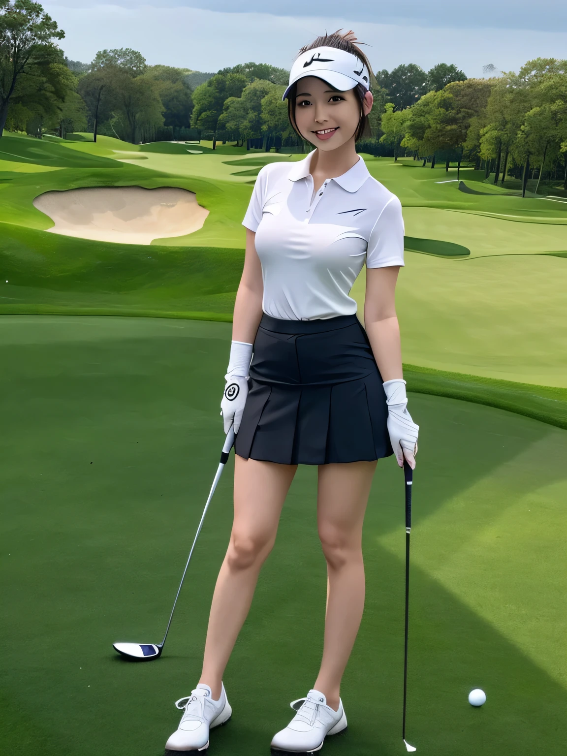Golf course lawn, Highest quality, shape, Very detailed, In detail, High resolution, 8k wallpaper, Perfect dynamic composition, Beautiful details, Natural Lip, Golf Wear, Big Breasts, Cleavage, She is smiling while playing golf.., A masterpiece of the whole body, Full body photography