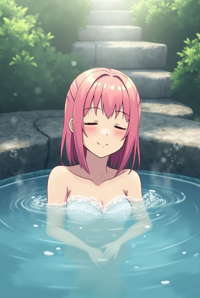 1girl, pink bob cut, wavy hair, idolmaster shiny colors, game cg, medium breasts steam censor, steam, convenient censoring, onsen, rock, partially submerged, nude, looking away, looking at viewer, cowboyt shot, masterpiece, best quality