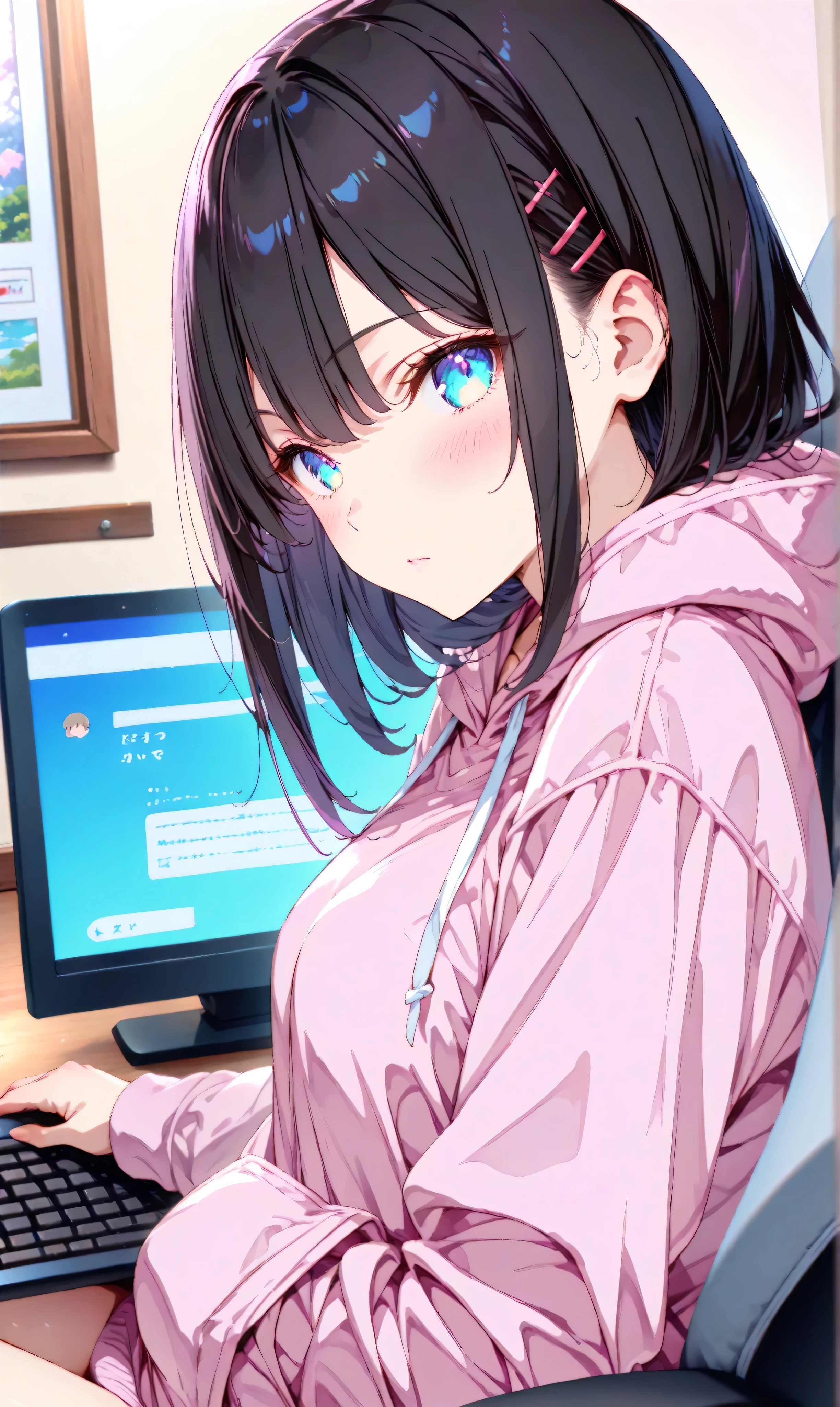 Anime girl sitting at a desk with a laptop and a monitor - SeaArt AI