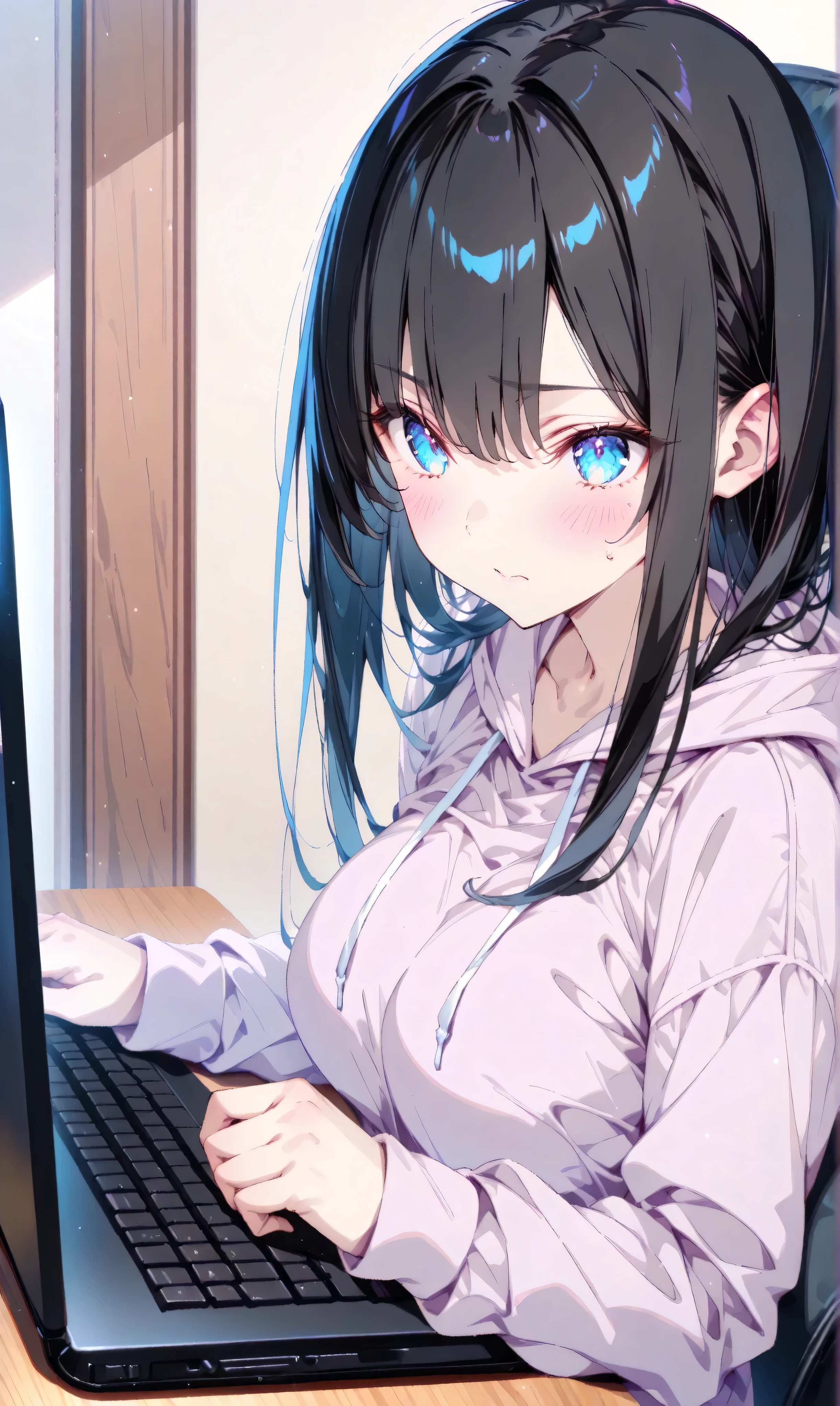 Anime girl with long black hair using a laptop computer - SeaArt AI