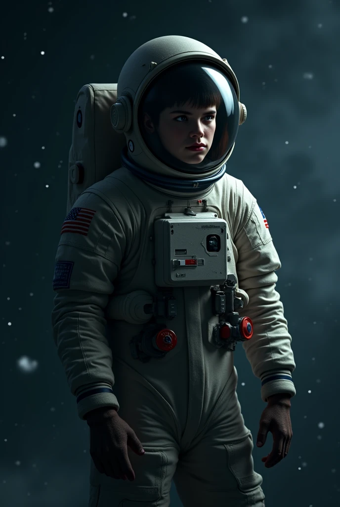 20 year old blue eyed teenager floating alone in the vast space, wear an astronaut suit, His face reflects overwhelming terror. It is surrounded by an infinite black void, dotted with distant stars. The loneliness and vastness of the cosmos highlight their vulnerability in a cold and desolate environment.. He looks very small, The image focuses more on the void, demonstrating the intensity of the void.