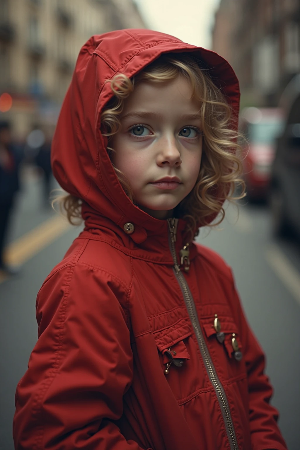 girl CHILD 10 years old, Russian blonde in braids, com roupa de jaqueta de couro vermelha, Tempestade Fundo, Cavalgar na tempestade, vermelho raio.