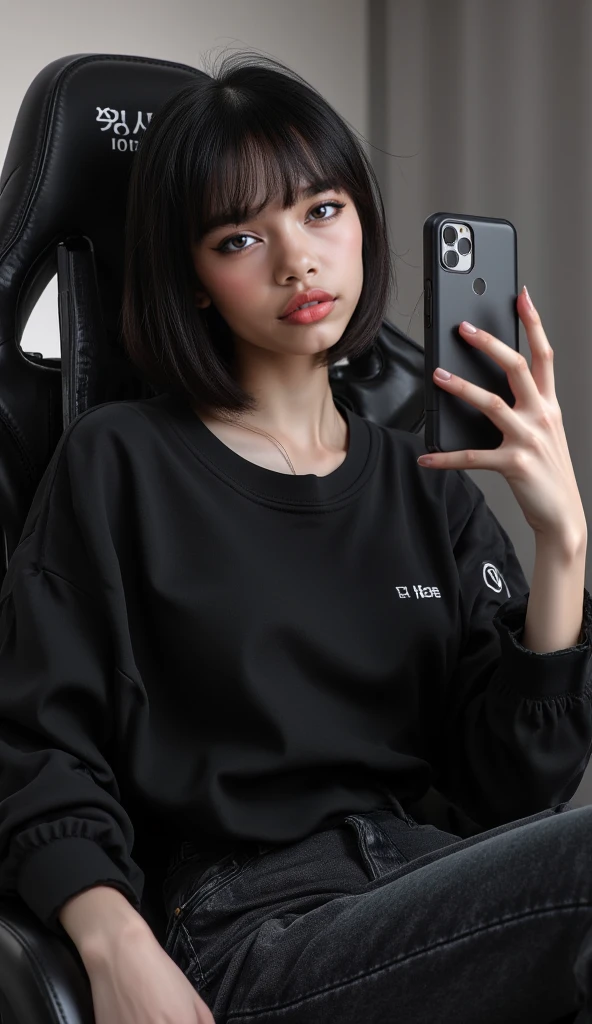 highly detailed, beautiful, hyper Realistic girl, masterpiece, best quality, Depict a mysterious and sophisticated beautiful Japanese gravure model,, 28-years-old, identity hidden, all body shot, / gray arranged hair, small head, Detailed face, cute and Pretty slim face, wide Duck mouth, perfect beautiful Tooth, arranged gray hair, shiny eyes, blue-colored eyes, Realistic skin, Detailed face, / detailed clothes, A sporty and modern outfit featuring a cropped top with a black bold logo "AGPI", designed to accentuate the body’s contours. The top is paired with a breathable (Rough mesh) overlay that adds a stylish, athletic vibe. The cropped length of both tops creates a layered look. Completing the outfit is an oversized MOUNTAIN Parker that provides a cool, balancing the overall appearance and enhancing the active, urban aesthetic., //// simple white single room, gray frame mirror, complicated background /// takes a selfie in her room using a smartphone in front of a mirror with one hand, standing and fashion model Posing, all body below shot, looking away from the camera,