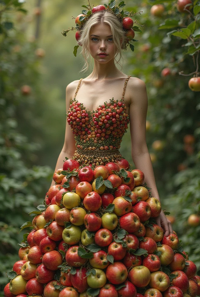 A model woman, warning apple fruit dress