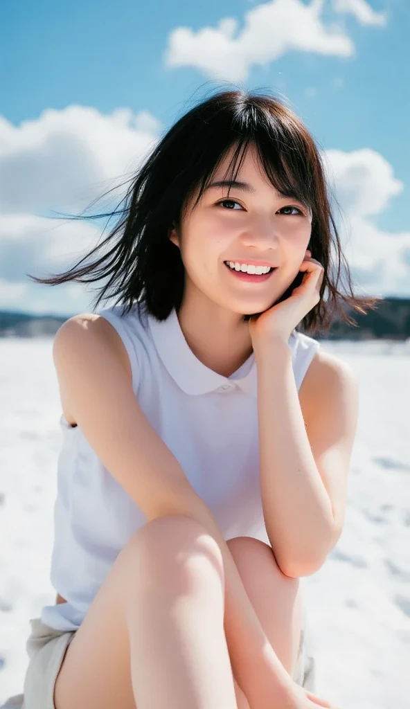 1girl, solo, smile, black hair, white dress, day, realistic, grin, ocean, arms up, outdoors, holding large towel, towel fluttering in the wind, teeth, sky, armpits, beach, (short hair), jewelry, earrings, water, (covered nipples, covered panties), woman in white dress on beach with towel over head, young pretty gravure idol, young gravure idol, young sensual gravure idol, realistic young gravure idol, young skinny gravure idol