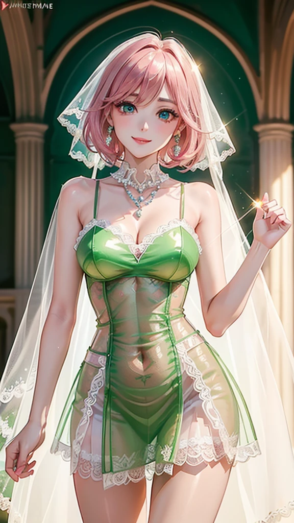 absurd, 8K, high resolution, ultra detailed, beautiful, masterpiece, best quality, very pretty woman, young, very pretty woman, sexy, (very big boobs:1.2), Detailed woman's face, very attractive, (mint wedding dress:1.4), full body, detail_face,haruno sakura, forehead mark, red hairband,
