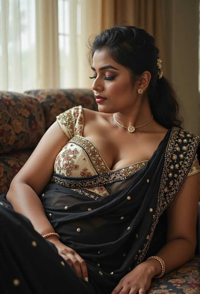 a beautiful indian woman, delicate facial features, glowing skin, long black hair, wearing a black saree, busty figure, sultry eyes, seductive expression, ornate jewelry, ornate background, intricate patterns, high quality, photorealistic, dramatic lighting, cinematic, elegant, breathtaking