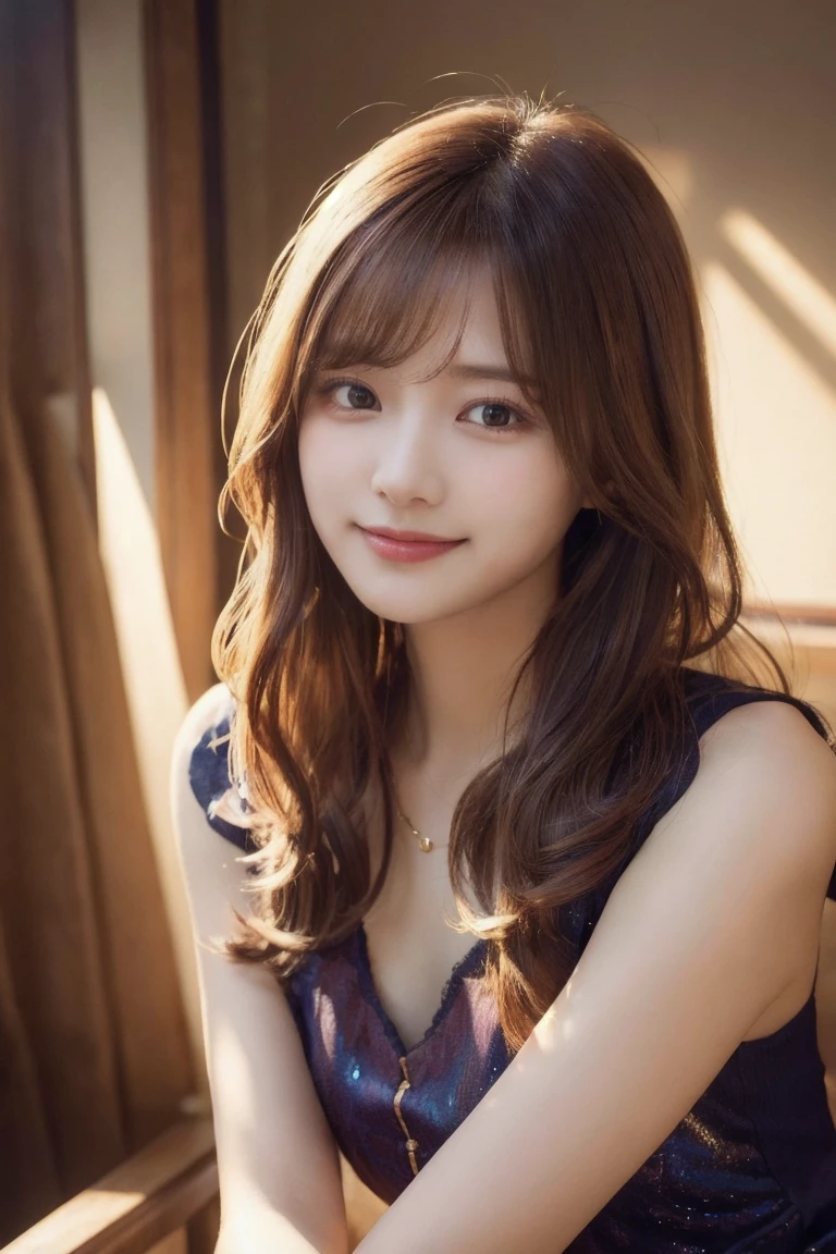 masutepiece, Best Quality, Illustration, Ultra-detailed, finely detail, hight resolution, 8K Wallpaper, Perfect dynamic composition, Beautiful detailed eyes, doress,Medium Hair, Big are visible, Natural Color Lip, Random and sexy poses,Smile,20 years girl
