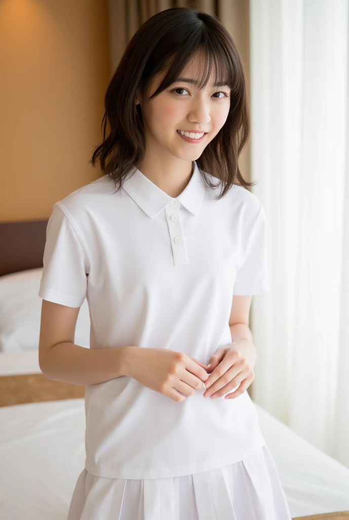 ((Both hands are in front of the navel、Blushing、Belly button、A photo of her panties showing through a short polo shirt、Hands roll up shirt、She is wearing a navy polo shirt and luxurious white panties.、:1.4))、Being in the living room、Length cream hair color、Her  are obvious even through her clothes..、Small earrings、Light brown hair color、:1.4））、Shiny Hair、Light beige hair color、Background Blur、Light brown hair、｛｛Cowgirl Shot｝｝、（（Close-up shot from the waist up、Big :1.4））、、にっこりsmile、服からでも分かるBig Breasts、Cowboy Shot、素敵なsmile、（（Revealing clothing））、Full body photo、ring、Tuck your hair behind one ear、Silver Necklace、smile、Caustics、Highly detailed photos、Big Breasts、Super no makeup、(8K、RAW Photos、Highest quality、masterpiece:1.2)、(Realistic、Realistic)、1 Girl、((Big ショートヘア、Looking into the camera:1.4))、Hair blowing in the wind
