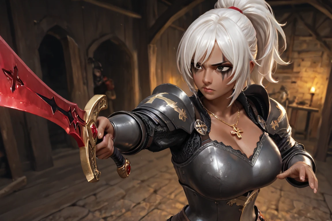 (best quality,4k,highres,masterpiece:1.2),beautiful strong European female warrior, black short hair, vibrant red eyes, toned body, wearing silver full body armor, sharp and defined eyebrows, sharp facial features, fair skin