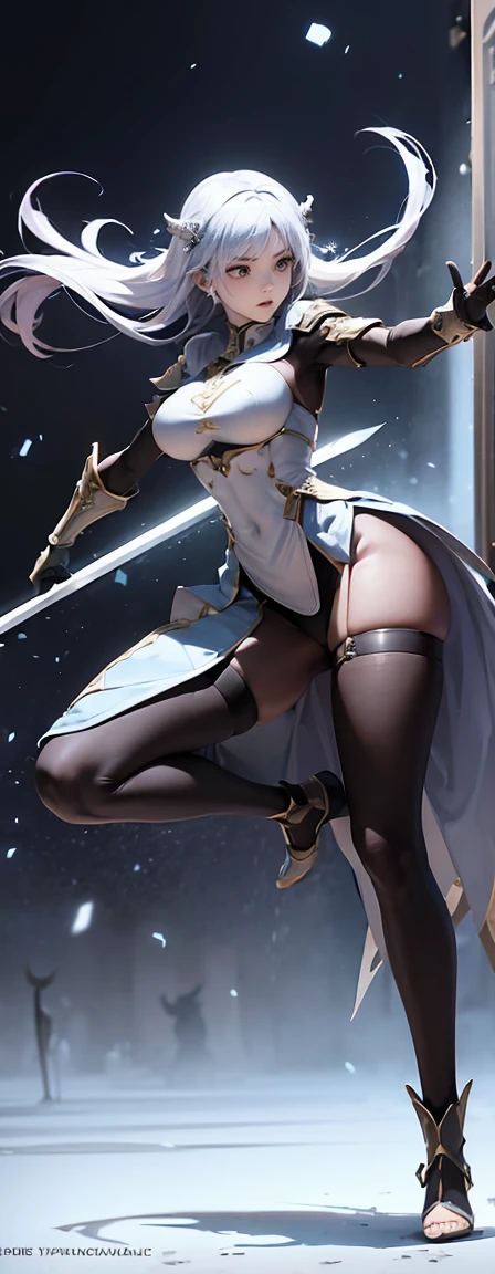 (Perfect Anatomy)、Mastepiece、Ultra High Quality、 8K、masterpiece、Highest quality、Ultra-high resolution、Maximum resolution、Very detailed、Professional Lighting、anime、woman、thin、so beautiful、Highly detailed eye、Highly detailed face、Golden earrings、Blonde, hair bun, Yellow Eyes、Mid-chest,Valkyrie armor, white open mini skirt , full body, gold pattern, white super long boots, white long gloves, female martial artist, high heels, white clawed gauntlets, white cute headgear, fighting stance, gold knee armor, Summoning thunder, Spinning kick, confident pose, Kickboxing, dynamic angle, dynamic pose, action painting, gestural marks, dynamic brushwork