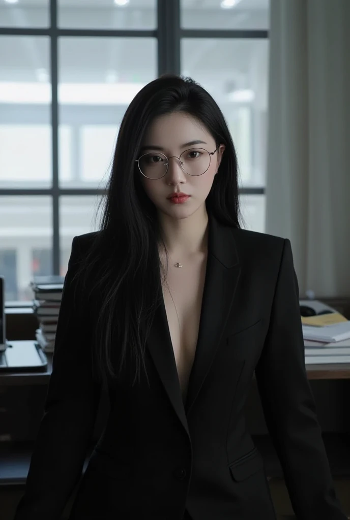(super detailed, 8k, RAW photo, highest quality), High-definition RAW color photo, professional photos, (realistic, photo-realistic:1.37),Supermodel, 23 years old、 ((In a well-tailored suit)), With a pair of slim heels, Show elegance and confidence, office,computer、eyes staring at the camera,shortcut、 rimmed glasses, long eyelashes, amber eyes, crystal earrings, parted lips,