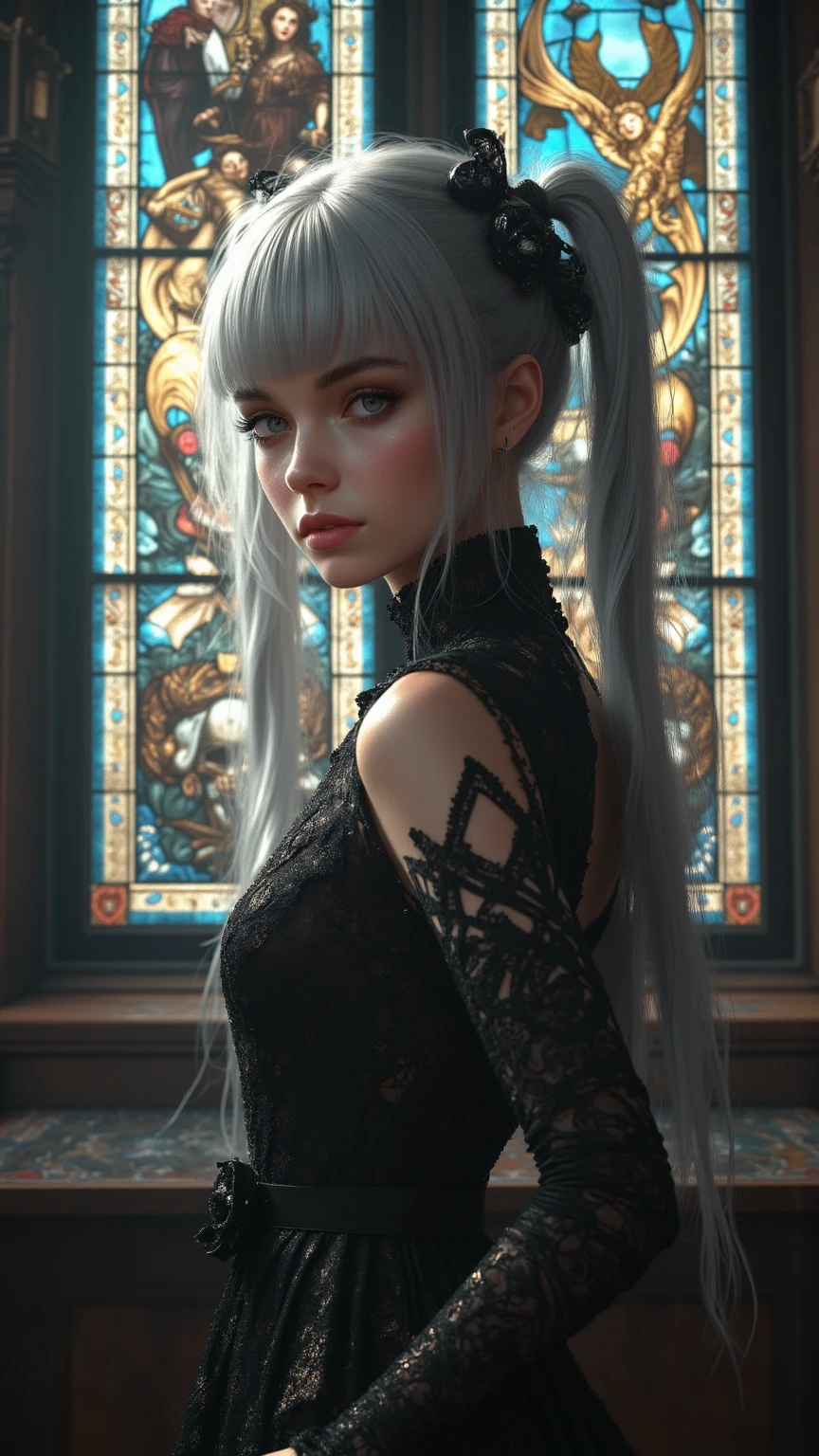1girl, solo, dress, bare shoulders, jewelry, closed mouth, collarbone, closed eyes, upper body, white hair, , black dress, lips, looking down, own hands together, elf, skull,
blurry background, Crepuscular rays, foggy, ((rim light)),
<lora:WLOP1-04:0.9> <lora:lowra_v10:0.75>