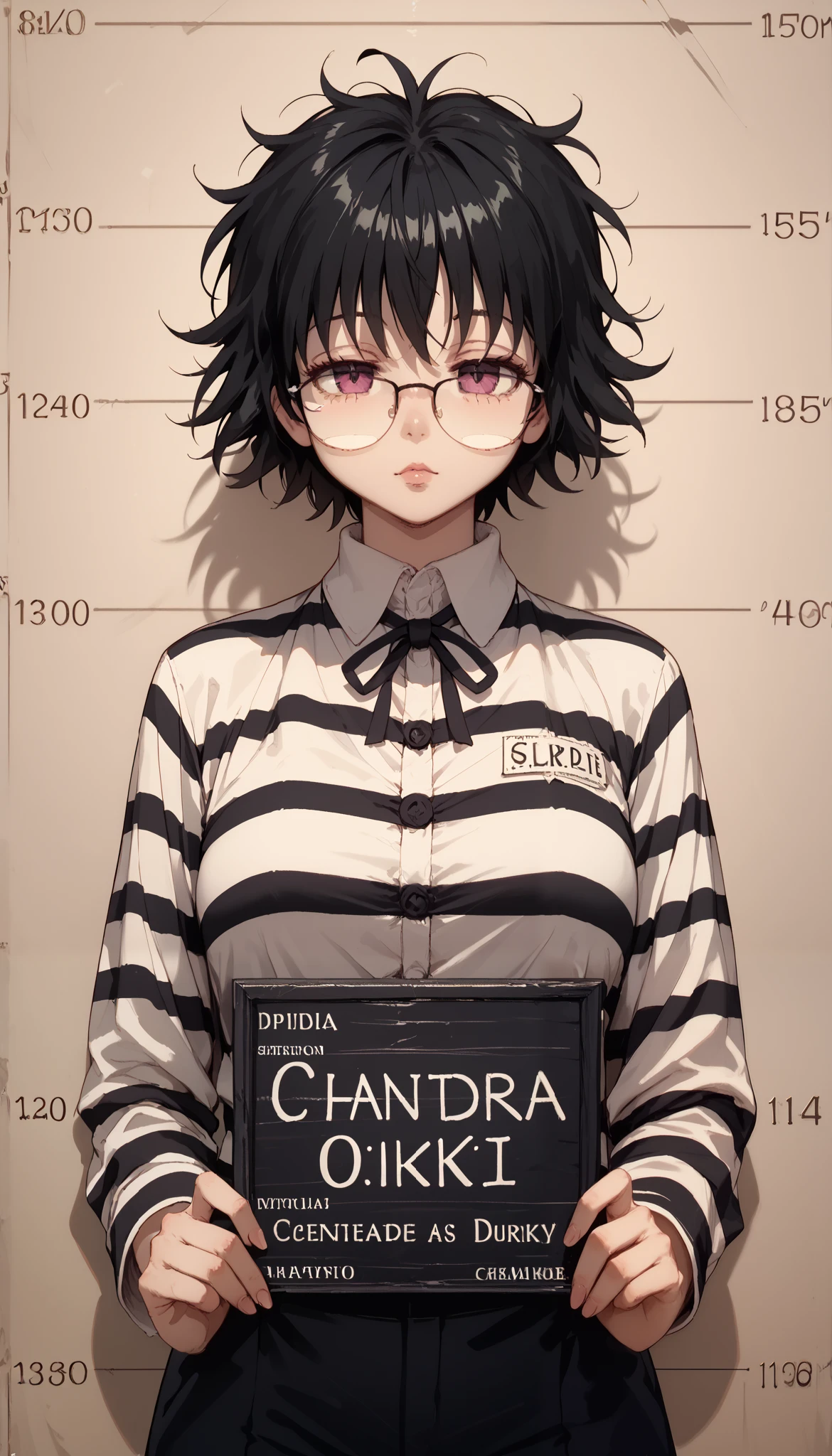 Shizuku murasaki, glasses, masterpiece, best quality, illustration, suspect photo, height chart, 1 girl, upper body, holding a sign, looking at the viewer, short black hair, messy hair, beautiful narrowed eyes, prison clothes, striped shirt