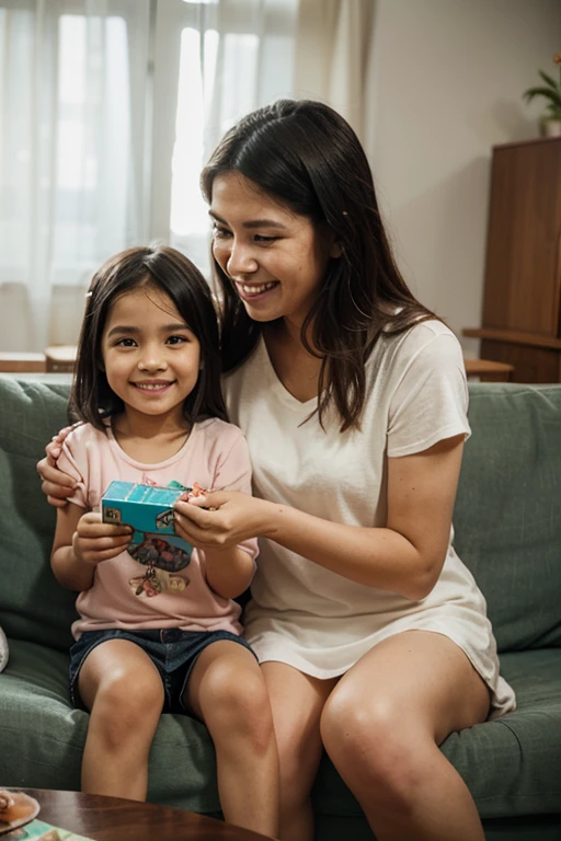 A mother and her 5-year-old daughter，sitting，Play games on the table，side，HD，Happy expression